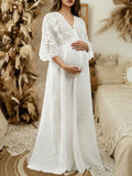 Pregnant Women's White Lace Maternity Maxi Dress V-Neck Flared Sleeves for Baby Shower, Pregnancy Photoshoot & Wedding Guest