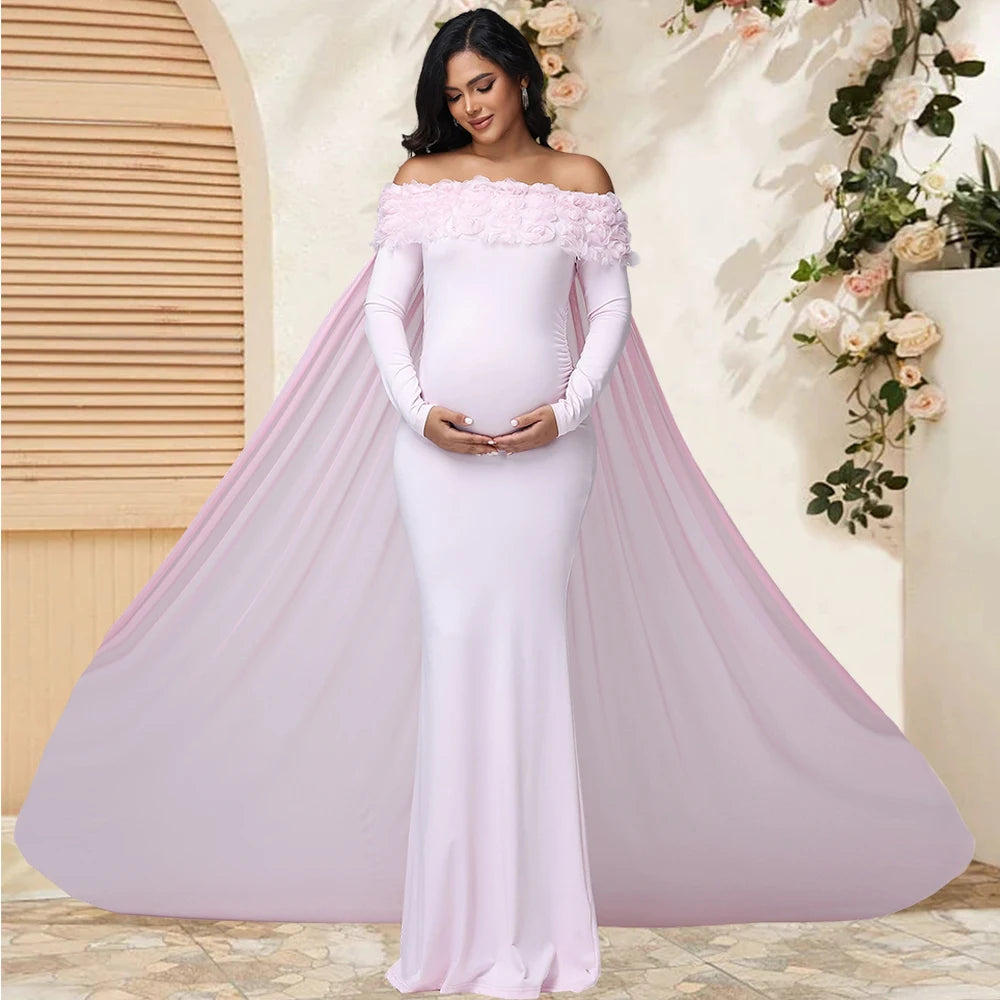 Maternity Women's Appliques Off Shoulder Long Sleeves Photography Dress Mesh Cloak Maxi Gown for Photoshoot Baby Shower