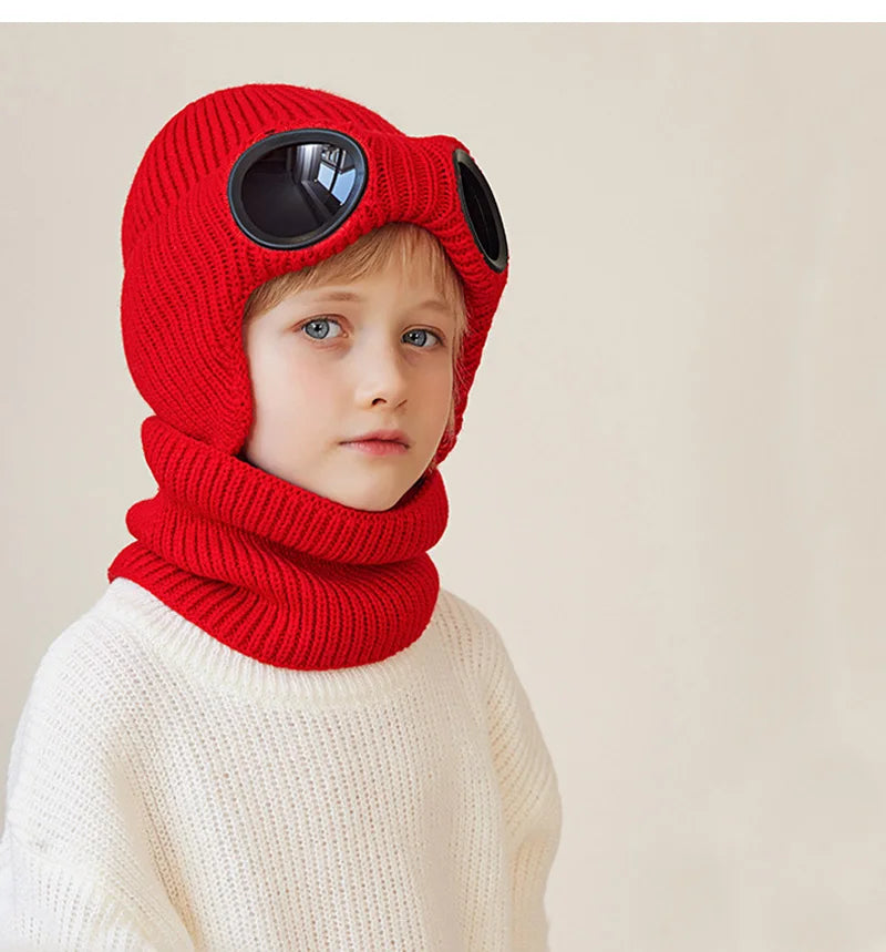 Skiing Children Winter Hat Scarf Set Knitted Kids Beanie with Goggles Ears Protection Child Bonnet Hats for Girls Boys 4-10Y