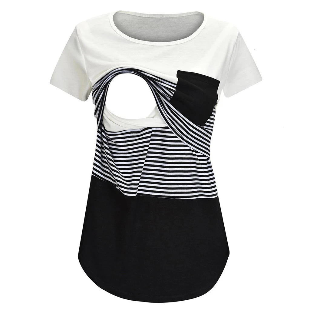 New Maternity Clothes Casual Tops Nursing For Breastfeeding T Shirt Striped Print Women Maternity Short Sleeve Maternity Blouse