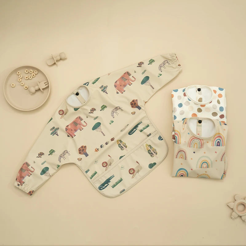 Long Sleeved Baby Feeding Bibs Cartoon Art Smock with Pocket Waterproof Children' Mealtime Dining Apron for Toddlers Boys Girls