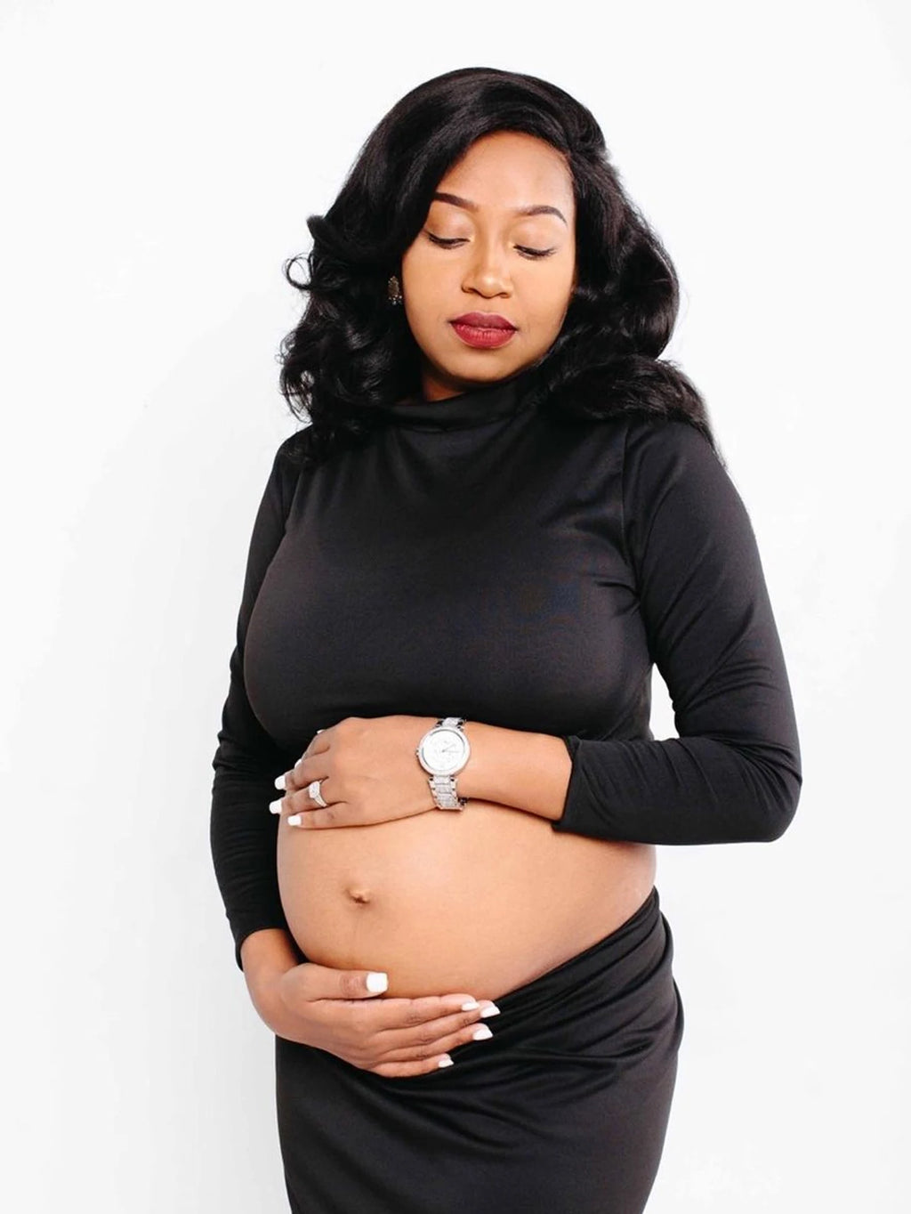 Maternity Mock Neck Long Sleeve Top Slim Maxi Skirt 2 Pcs Set Photoshoot Outfit  Wedding Party Pregnant Clothes