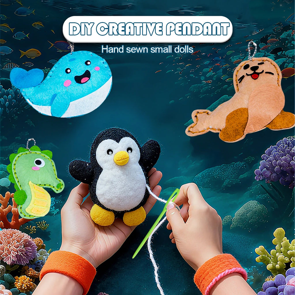 DIY Sewing Toys for Kids, Make Milk Tea Ocean Animal Plushie Craft Set Handmade Fabric with Holes and Threads Gifts