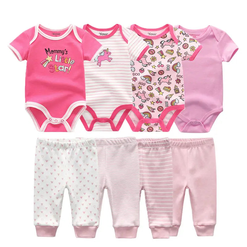 8-Piece Cartoon Baby Bodysuits and Pants Cotton Newborn Unisex Short Sleeve Onesies Trousers 0-12 Months