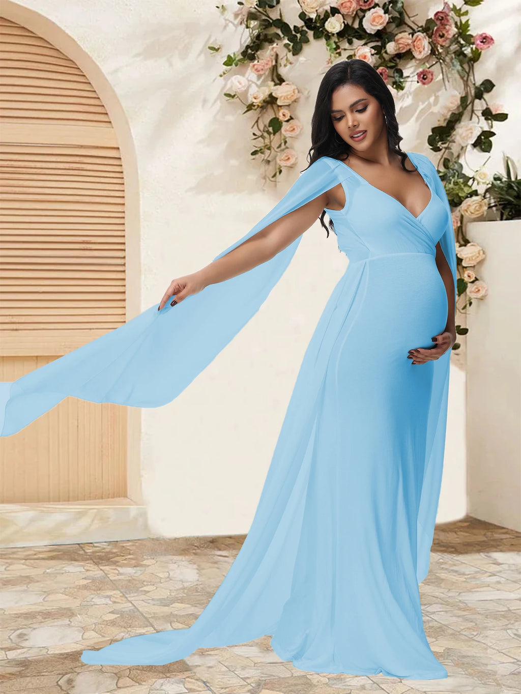 Maternity Long Dress With Shawl Trailing Women's Robe Floating Sleeves for Baby Shower Maternity Photo Shoot
