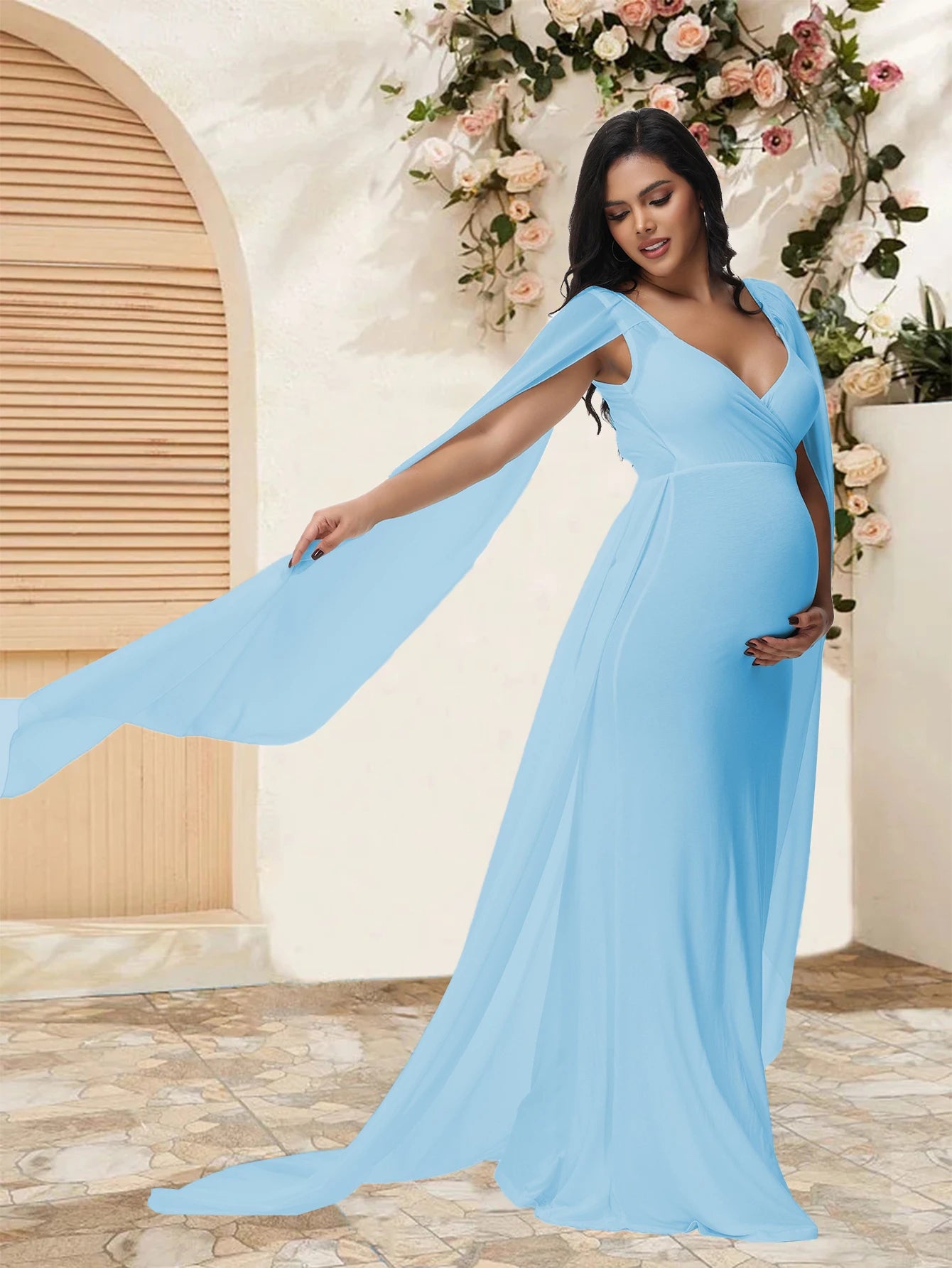 Maternity Long Dress With Shawl Trailing Women's Robe Floating Sleeves for Baby Shower Maternity Photo Shoot