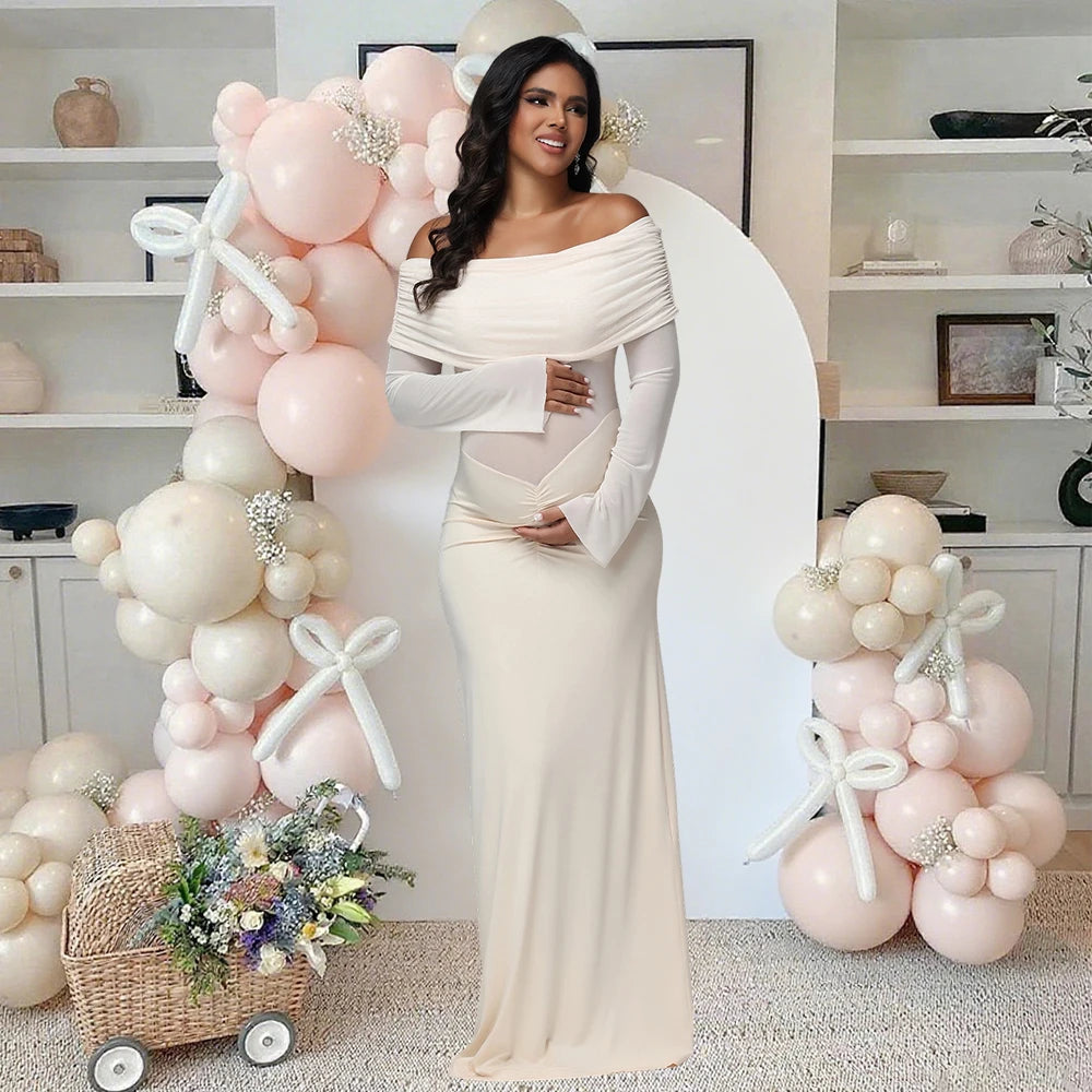 Maternity Off Shoulder Maxi Dress With Mesh Paneled Ruched Baby Shower Photoshoot Outfit