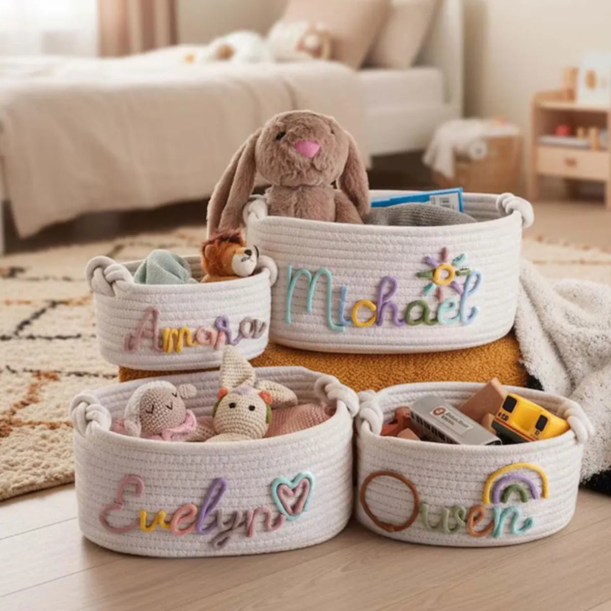 Personalized Cotton Rope Storage Basket with Letter – Handmade Gift & Easter Basket