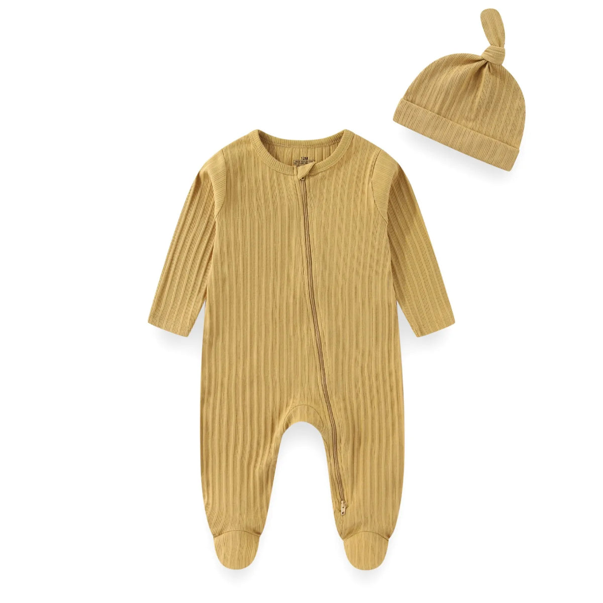Two-Piece Baby Unisex Romper Hat Set 0-12M Long Sleeve Jumpsuit Cap Solid Color Newborn Outfit