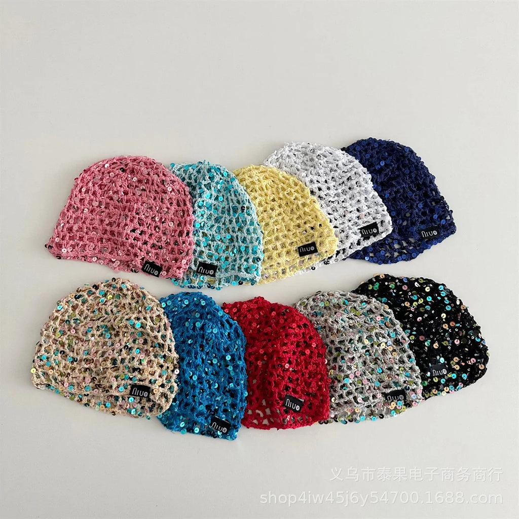 Early Autumn New Ethnic Style Sequin Hollow Knitted Pullover Hat for Girls Fashionable Stylish Fishnet Headwrap Hat