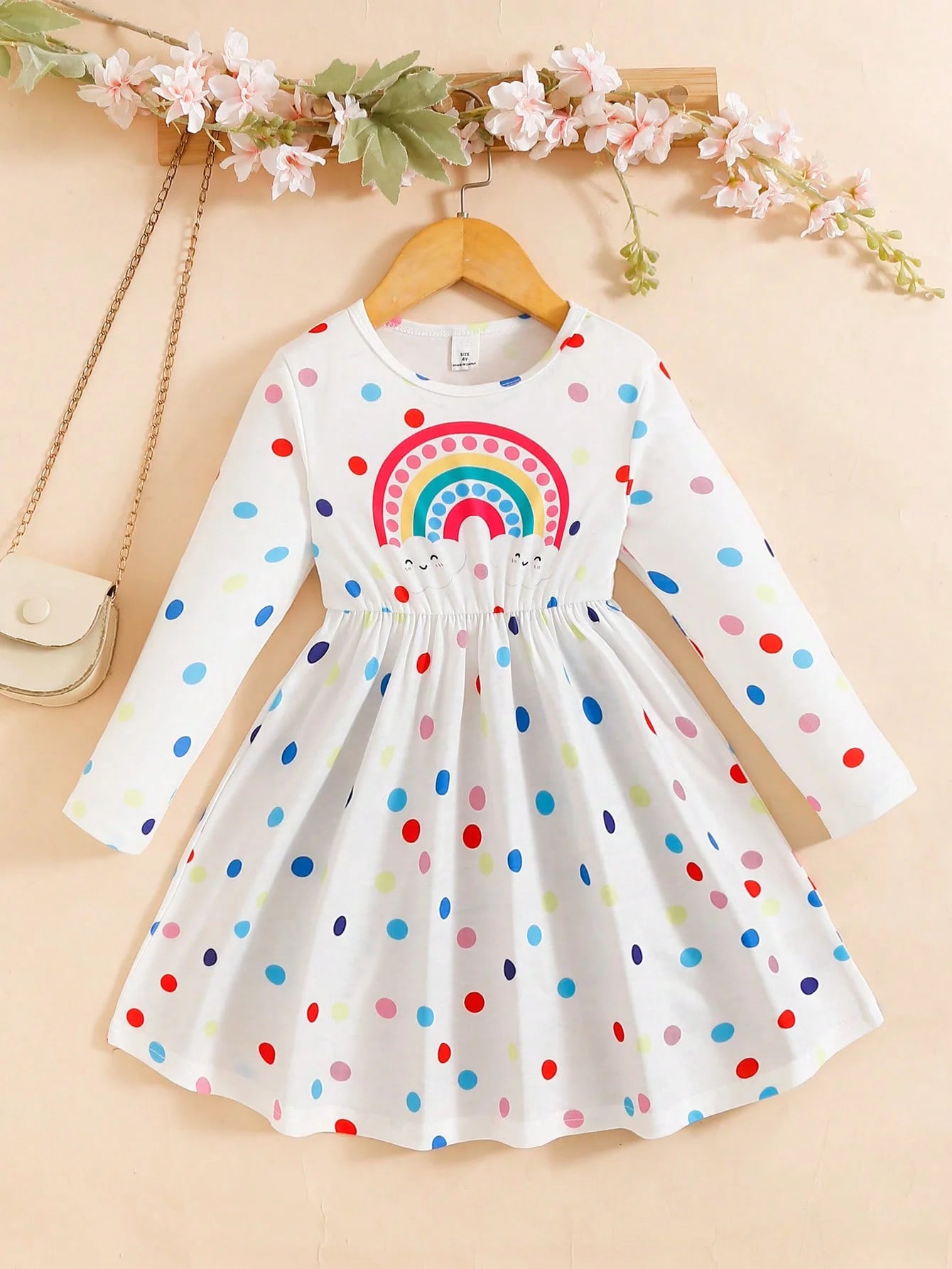 4-7 Year Children Girls Spring  Autumn Dress Rainbow Polka Dot Long sleeves Dress Girl  Fashionable Clothing