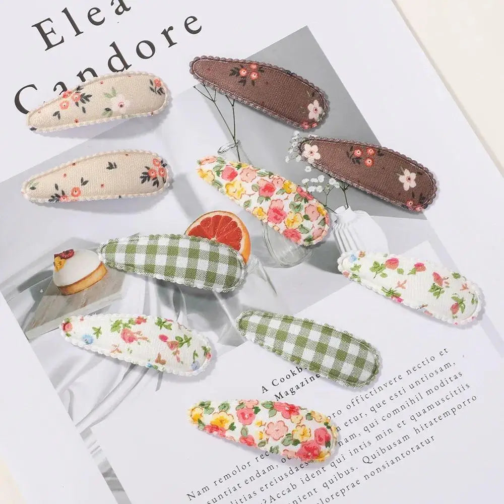 20 Pcs/Set Ins Flower Print Cotton Alloy Bow Hair Snap Clips Set Fabric Chess Baby Clamps Girls Headdress