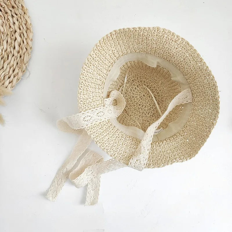 Fashion Lace Baby Hat Summer Straw Bow Baby Girl Cap Beach Children Panama Hat Princess Baby Sun Hats and Caps for Kids 1PC