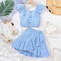 Children's Summer Set Flying Sleeve Solid color Top and Irregular Design Dress Fashion Set Suitable for Girls Aged 8-11 Years
