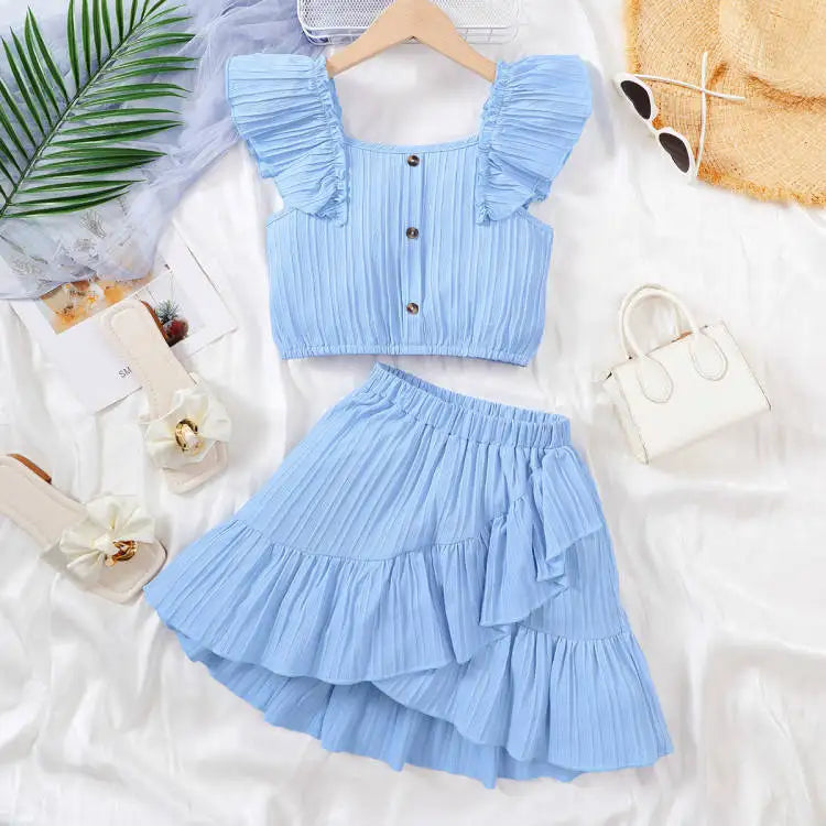 Children's Summer Set Flying Sleeve Solid color Top and Irregular Design Dress Fashion Set Suitable for Girls Aged 8-11 Years