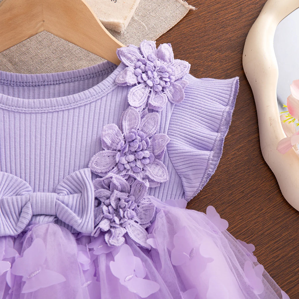 Summer Fashion Solid Color Toddler Princess Fairy Dress Korean Style Sweet Pink Bow Birthday Party Baby Girl Butterfly Dress