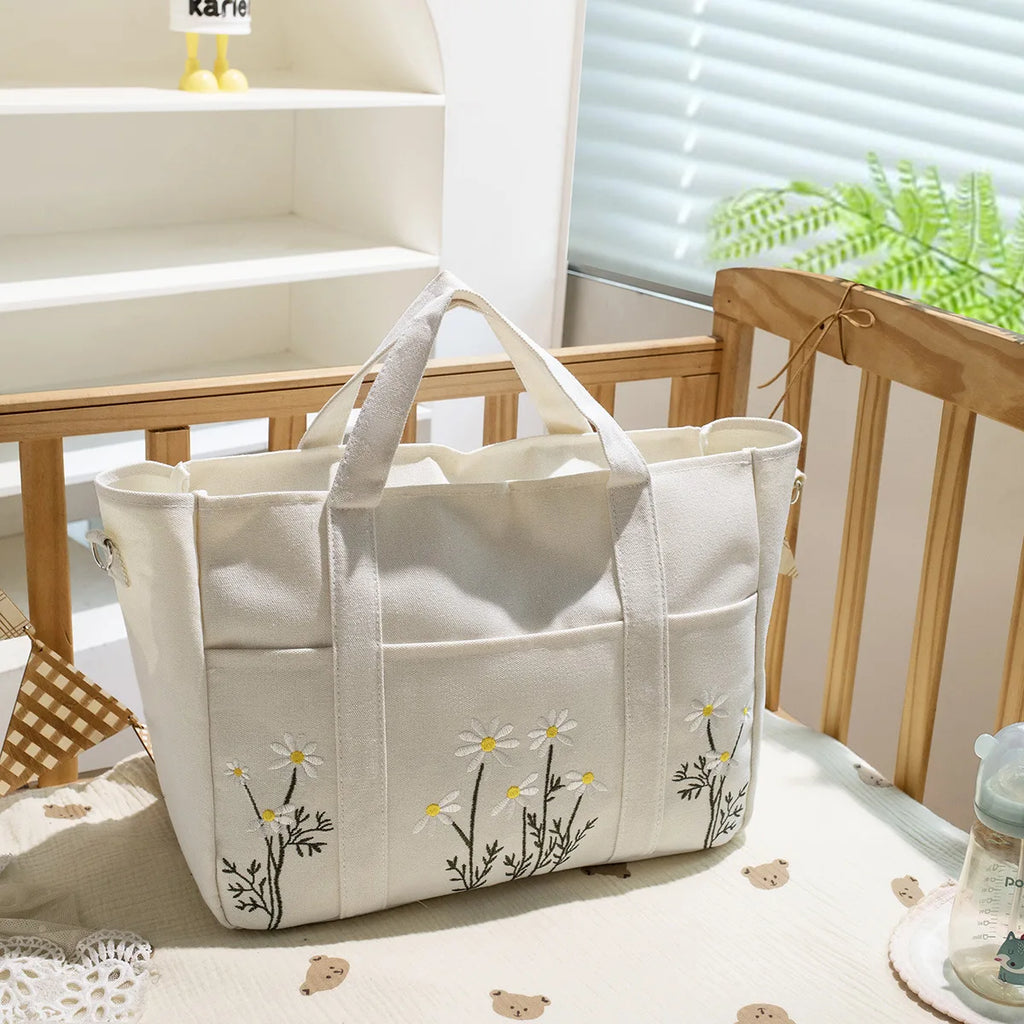 Flowers Embroidery Mommy Bag Multi-pocket Canvas Diaper Bag for Mom Large Capacity Nappy Organizer Baby Items Women Tote Bag