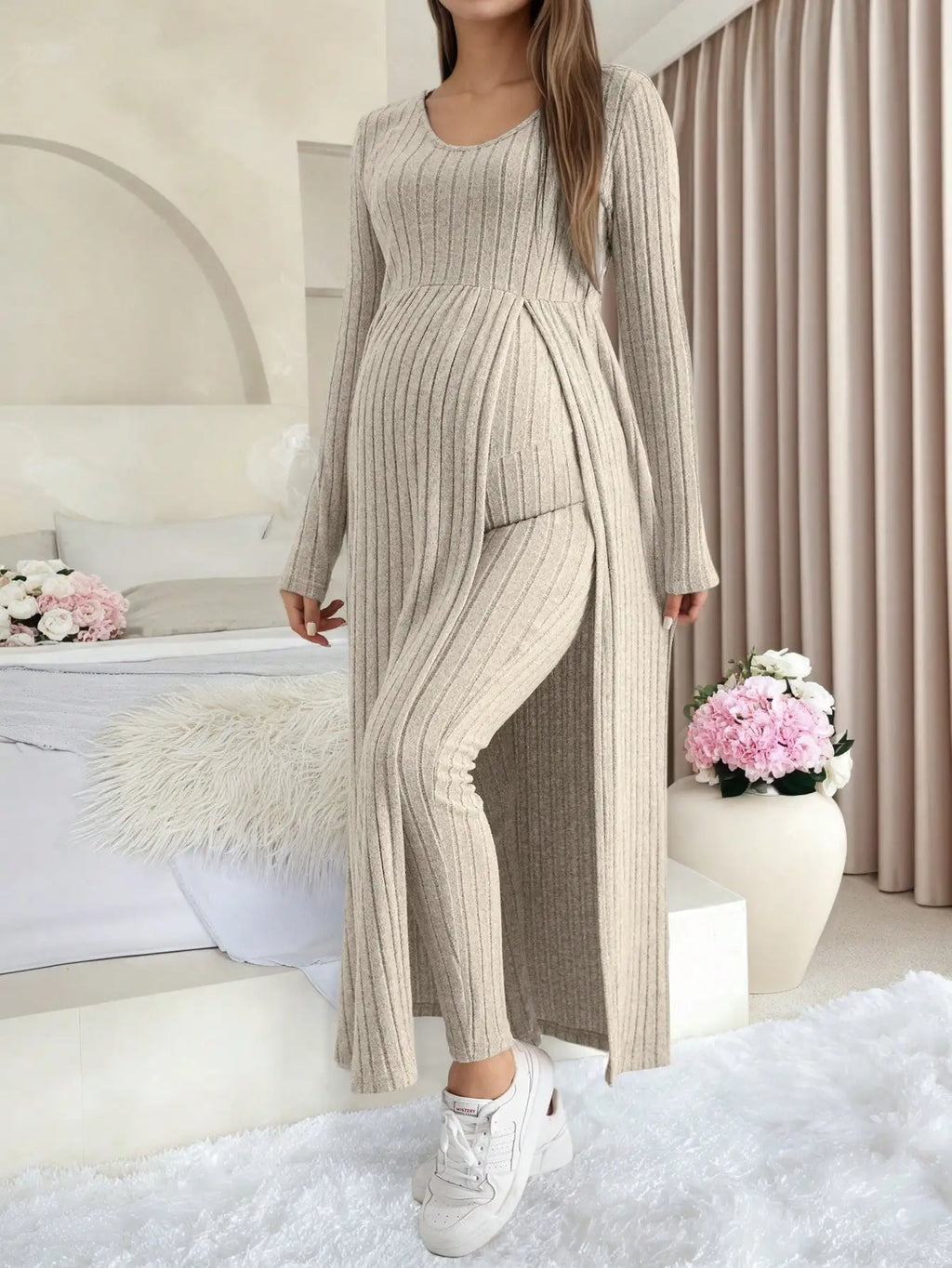 Maternity Women's Two Piece Sets and Outfits Long Sleeve Soft Ribbed Longline Casual Home Lounge Pants Set