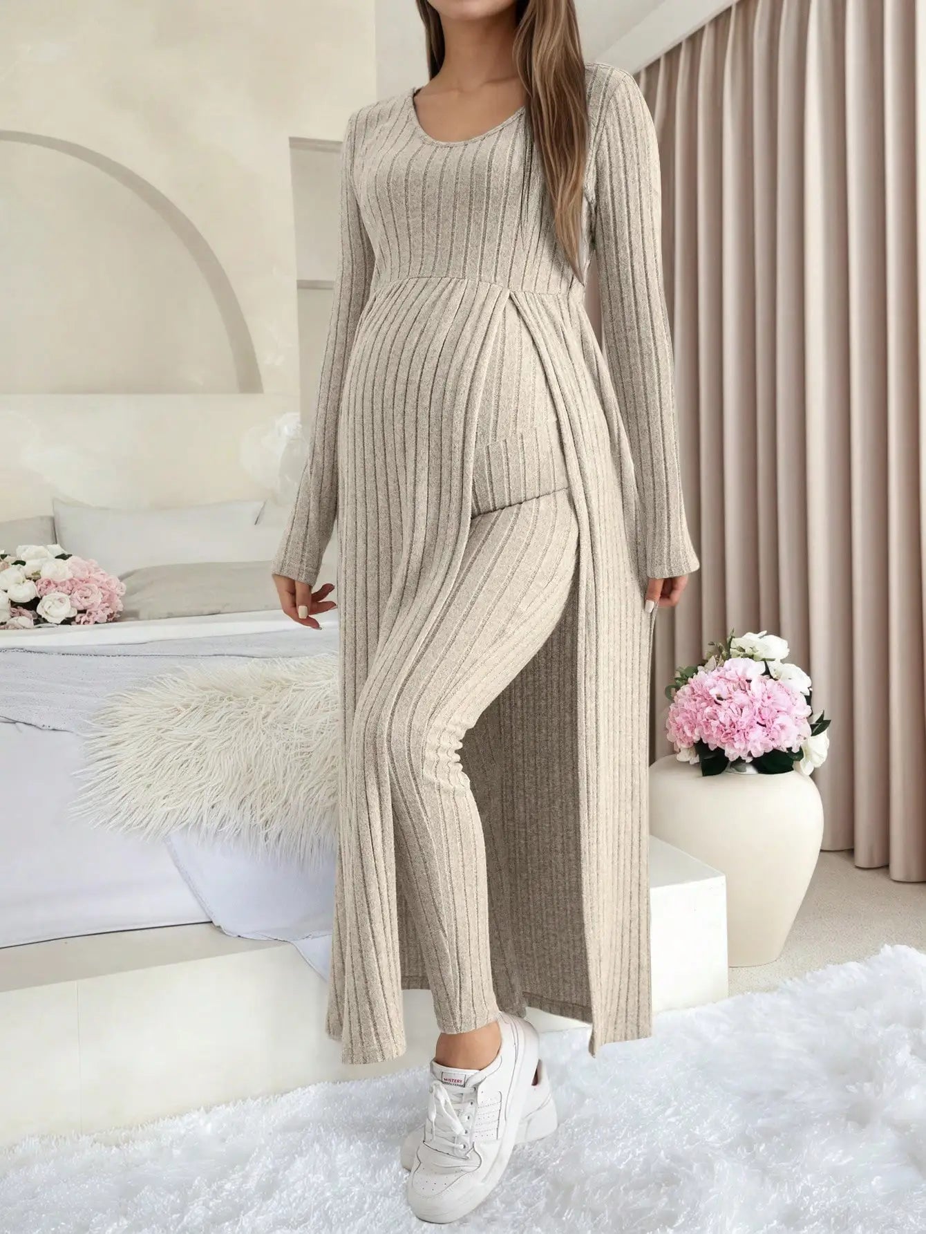 Maternity Women's Two Piece Sets and Outfits Long Sleeve Soft Ribbed Longline Casual Home Lounge Pants Set