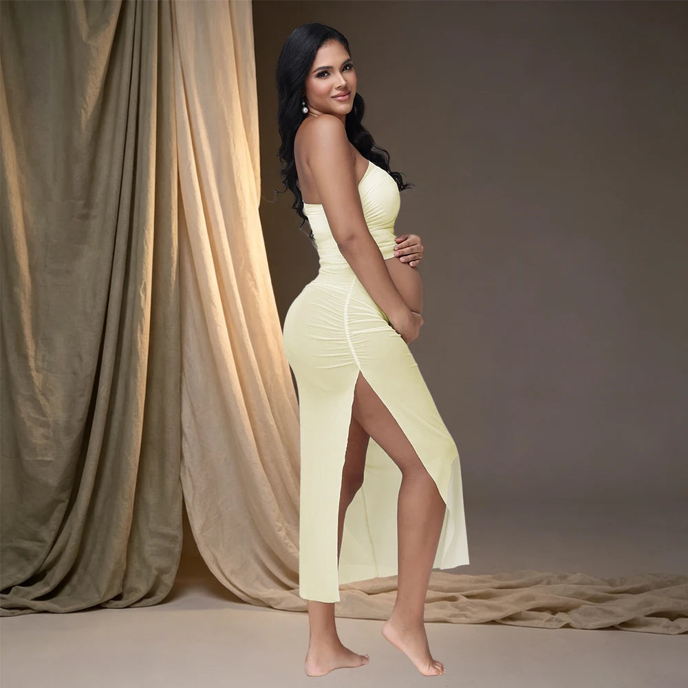 Maternity Sexy Off Shoulder Photography Outfit Cut Out Belly See Through Mid Dress for Photoshoot