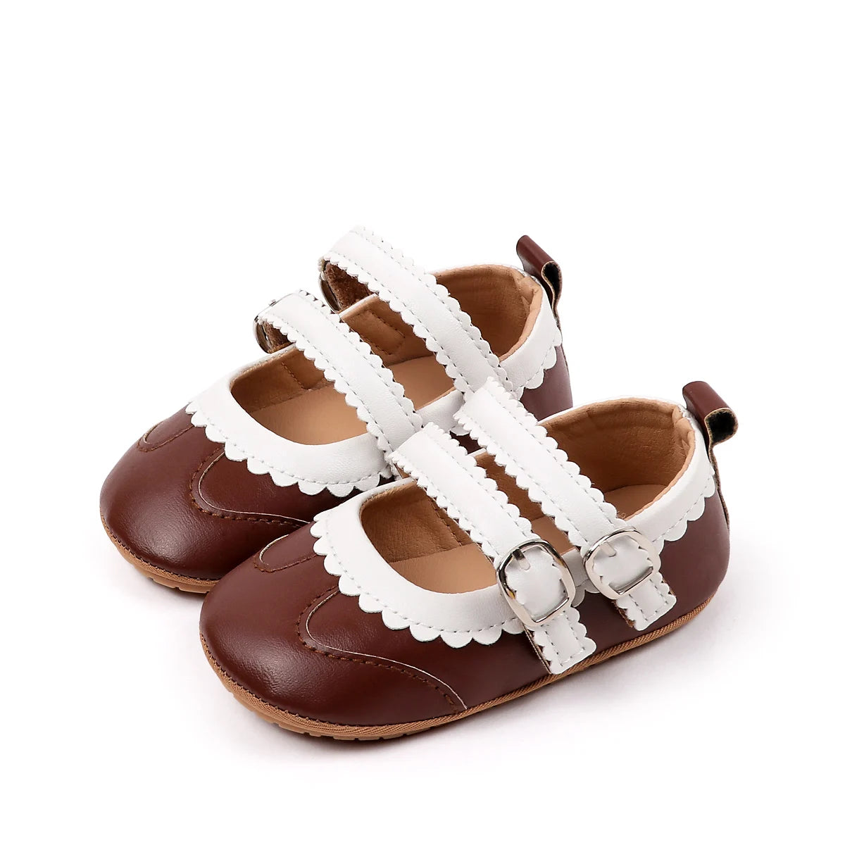 0-18 Months Infant Pre-walker Shoes, Scalloped Lace Trim Dual Buckle Strap Soft Non-slip Rubber Sole Indoor Baby Mary Jane Shoes