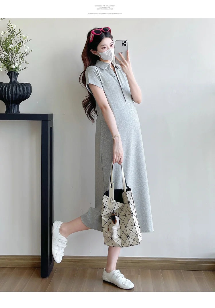 Korean Style Pregnant Woman Knitted Dress for Summer Short Sleeve Turn-down Collar Maternity Casual Dress