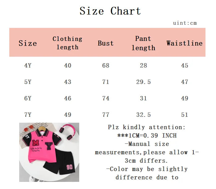 2Pcs Children's and girls' Letter Color blocked short Sleeved+Shorts summer Set, 4-7 Year old Girls' Summer Athleisure Set