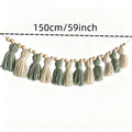 Ins Bohemian Green and White Wooden Bead Tassel Garland Sage Series Wooden Bead Tassel Banner Fireplace Decoration Home Wall Hanging Decoration Sage
