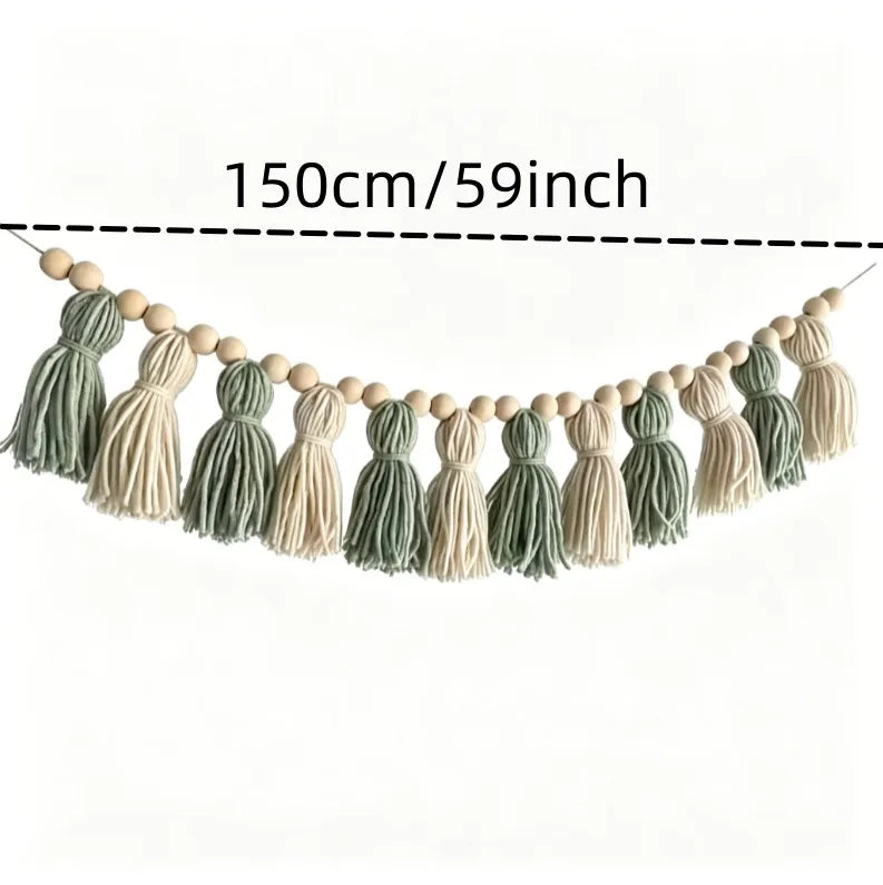 Ins Bohemian Green and White Wooden Bead Tassel Garland Sage Series Wooden Bead Tassel Banner Fireplace Decoration Home Wall Hanging Decoration Sage