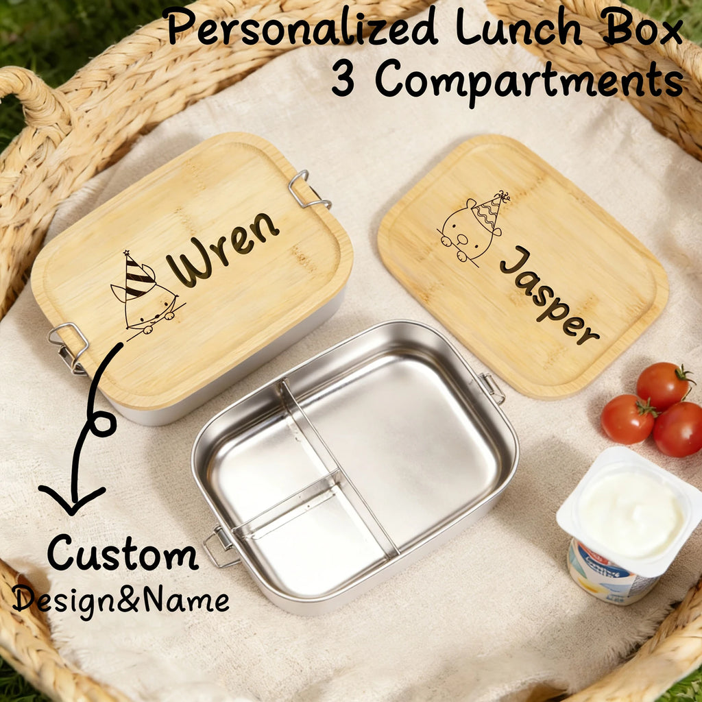 1pc Custom Stainless Steel Lunch Box with Bamboo Lid, 3 Compartments Eco-Friendly Reusable Food Container for Picnics And Work