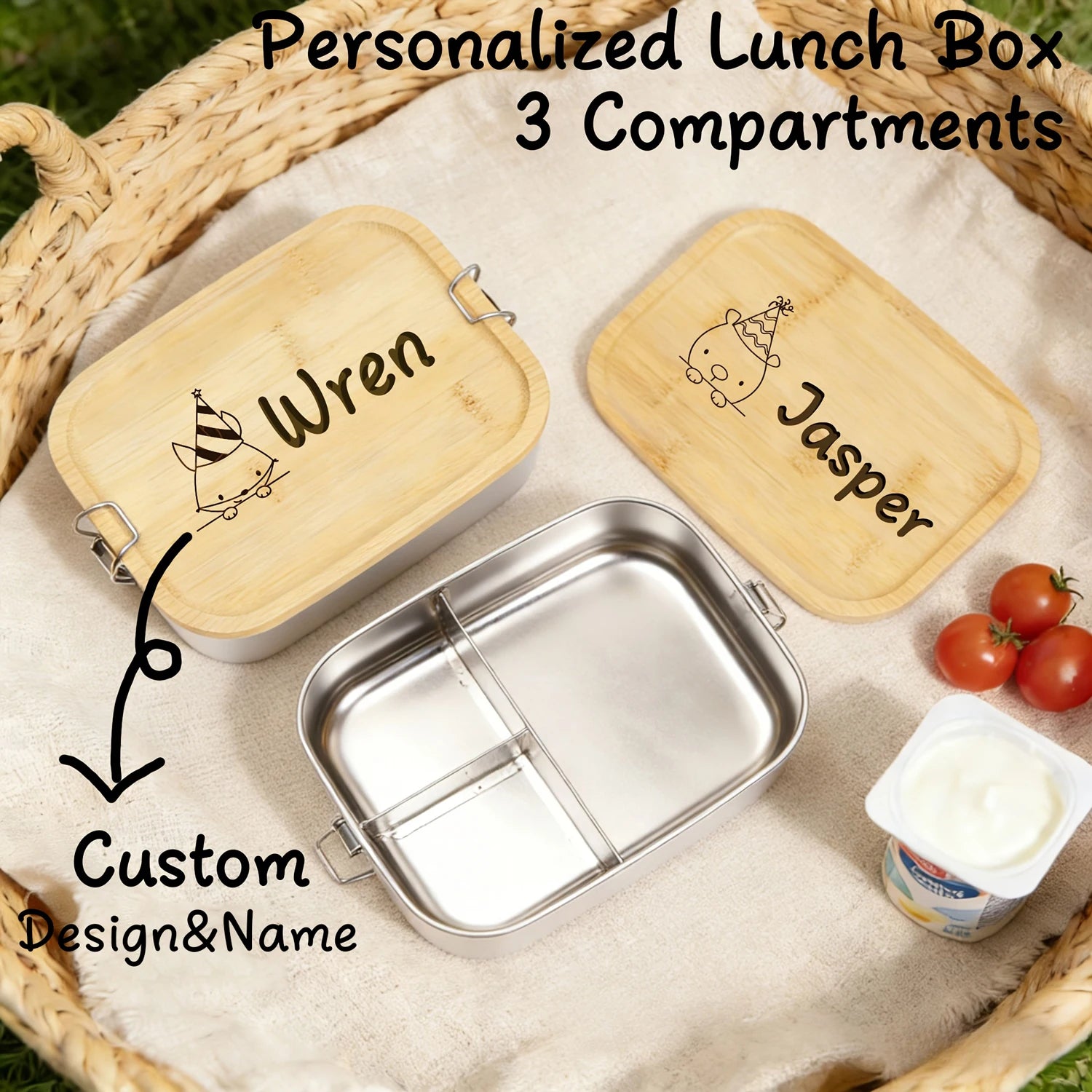 1pc Custom Stainless Steel Lunch Box with Bamboo Lid, 3 Compartments Eco-Friendly Reusable Food Container for Picnics And Work