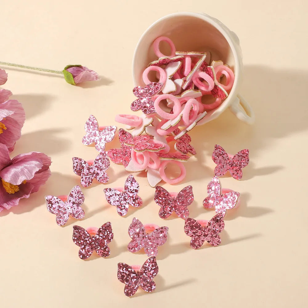 20Pcs/lot Sequin Butterfly Hairbands for Children No Harm To Hair Cartoon Towel Rope Girls Ponytail Holder Rubber Band Headwear