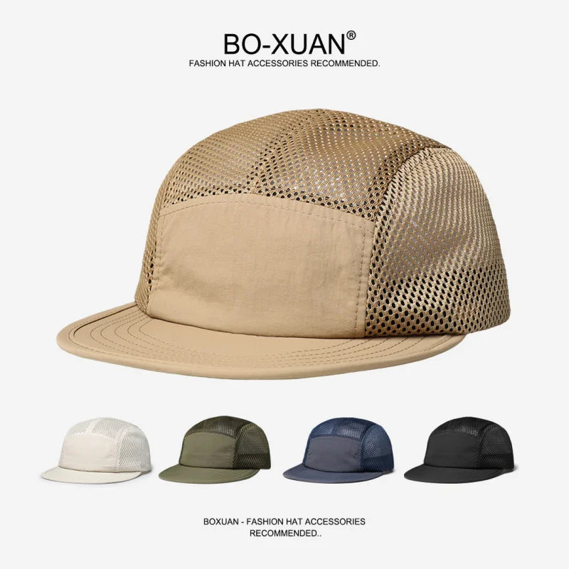 American Retro Mesh Breathable Flat Brim Men's Workwear Style Summer Outdoor Sports Quick-Dry Five-Panel Baseball Cap