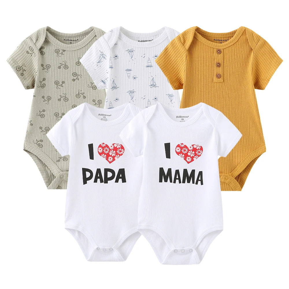 I Love Papa Mama Cartoon Baby Bodysuits 5-Pack Unisex Short Sleeve Onesies 0-12 Months