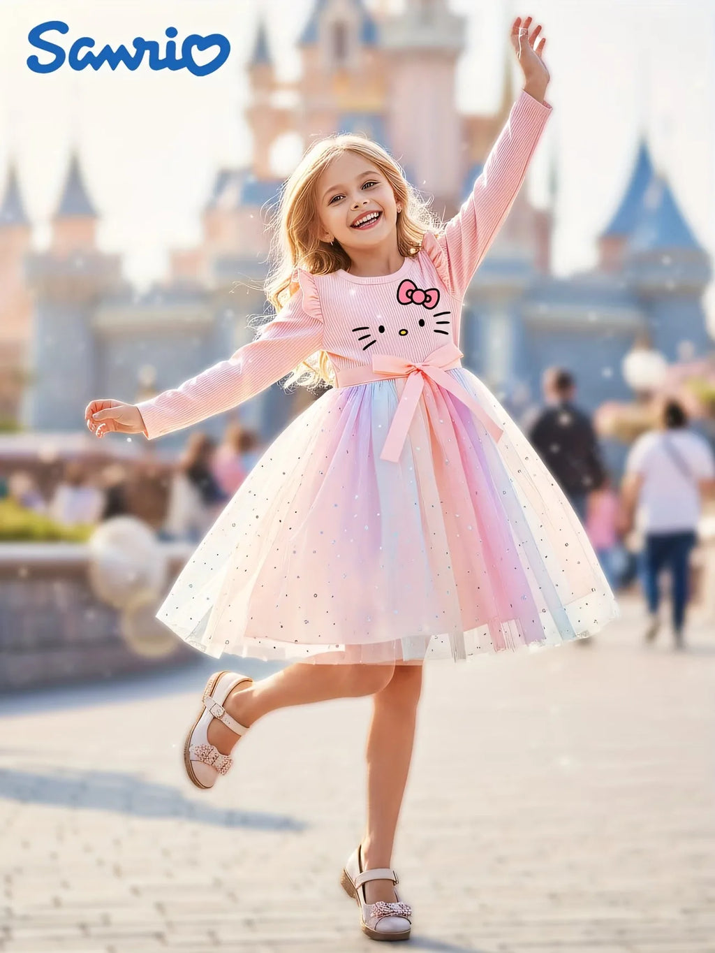 Sanrio Hello Kitty Girls Princess Dress, Autumn Pink Gradient Tulle Tutu Skirt, Kids Long-Sleeve Star Formal Dress
