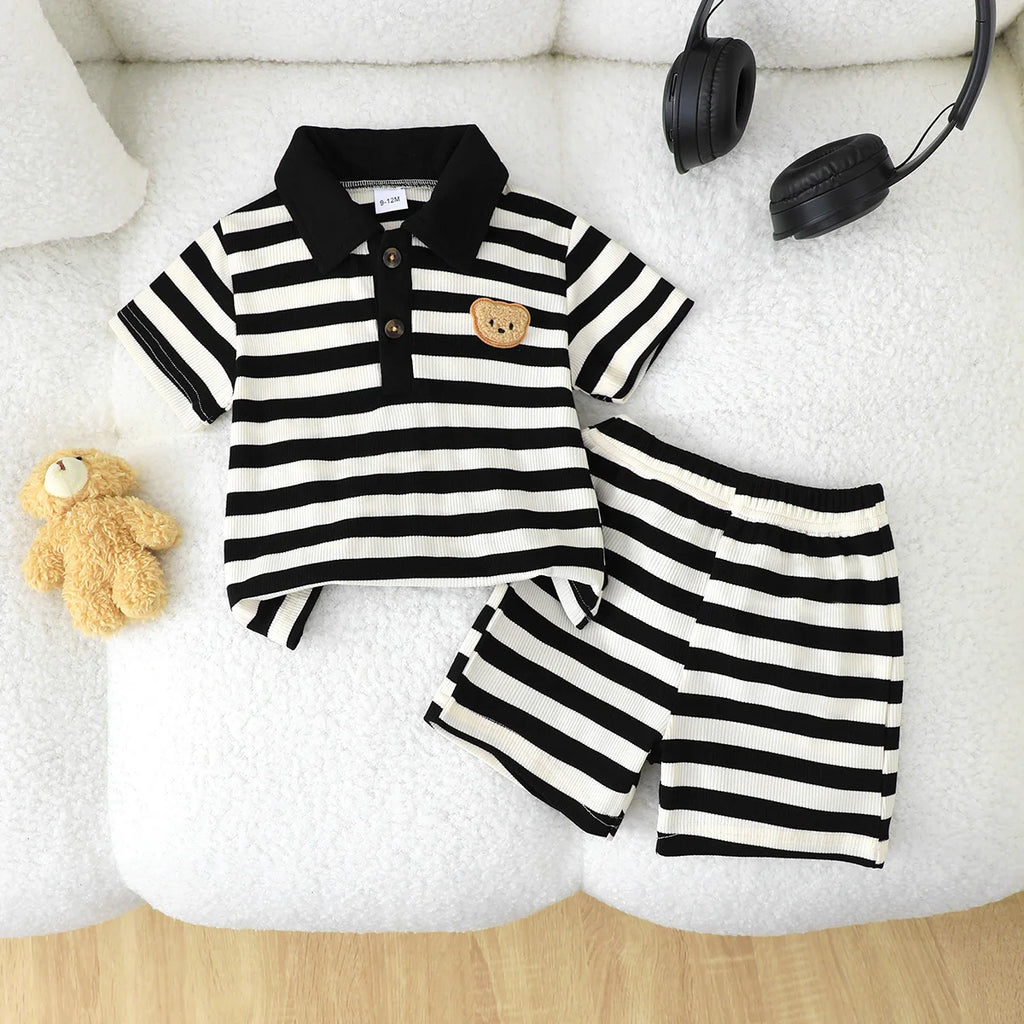 2Pcs Baby boy Baby Summer Set with Collar Striped Short Sleeves and Shorts Fashion Set Suitable for 0-3 Year Old Toddler Boys