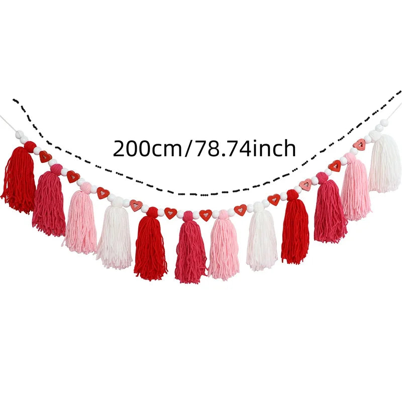 Bohemian Valentine's Day Heart Wooden Bead Tassel Banner Valentine's Day Decoration Tassel Fireplace Decoration Home Decor Hanging Ornament