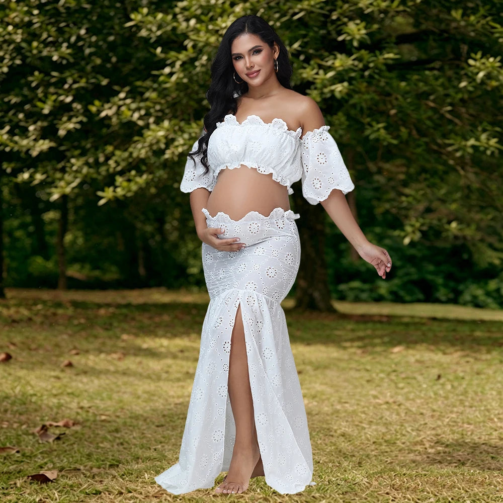 Maternity 2 Pieces Set Dress for Photoshoot Floral Embroidery Ruffle Short Top & Side Slit Long Skirt for Baby Shower