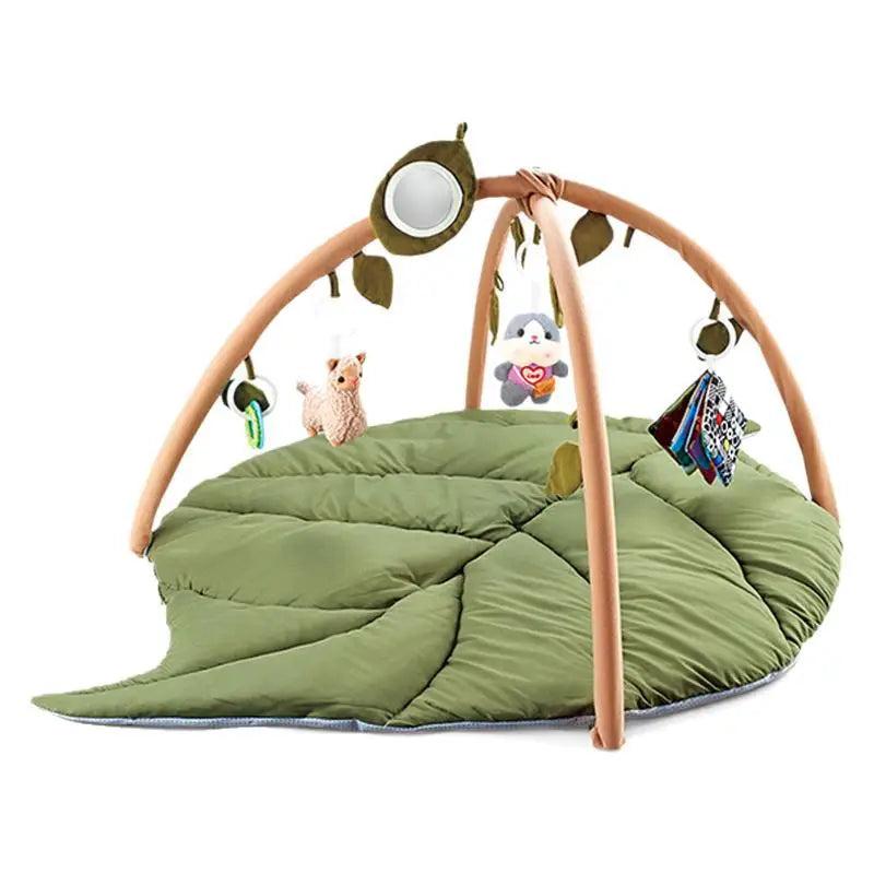 Baby Activity Gym Play Mat Leaf Shaped Crawling Rug with Mirror Sensory Hanging Toys Cloth Book Tummy Time Pillow 0-18M