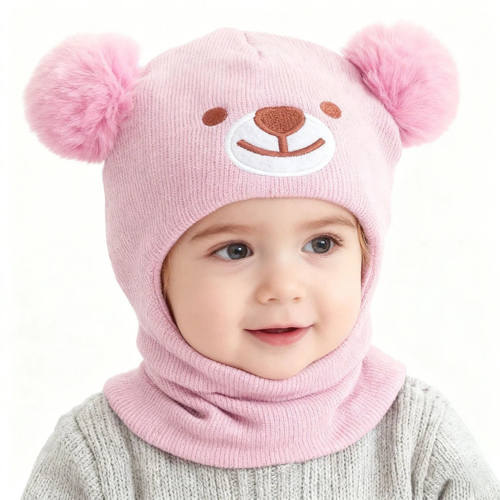 Children Pom-Pom Balaclava Cute Bear Scarf One-Piece Hat Winter Warm Kids Hooded Beanies 1-2Year Baby Knitted Ear Protection Cap
