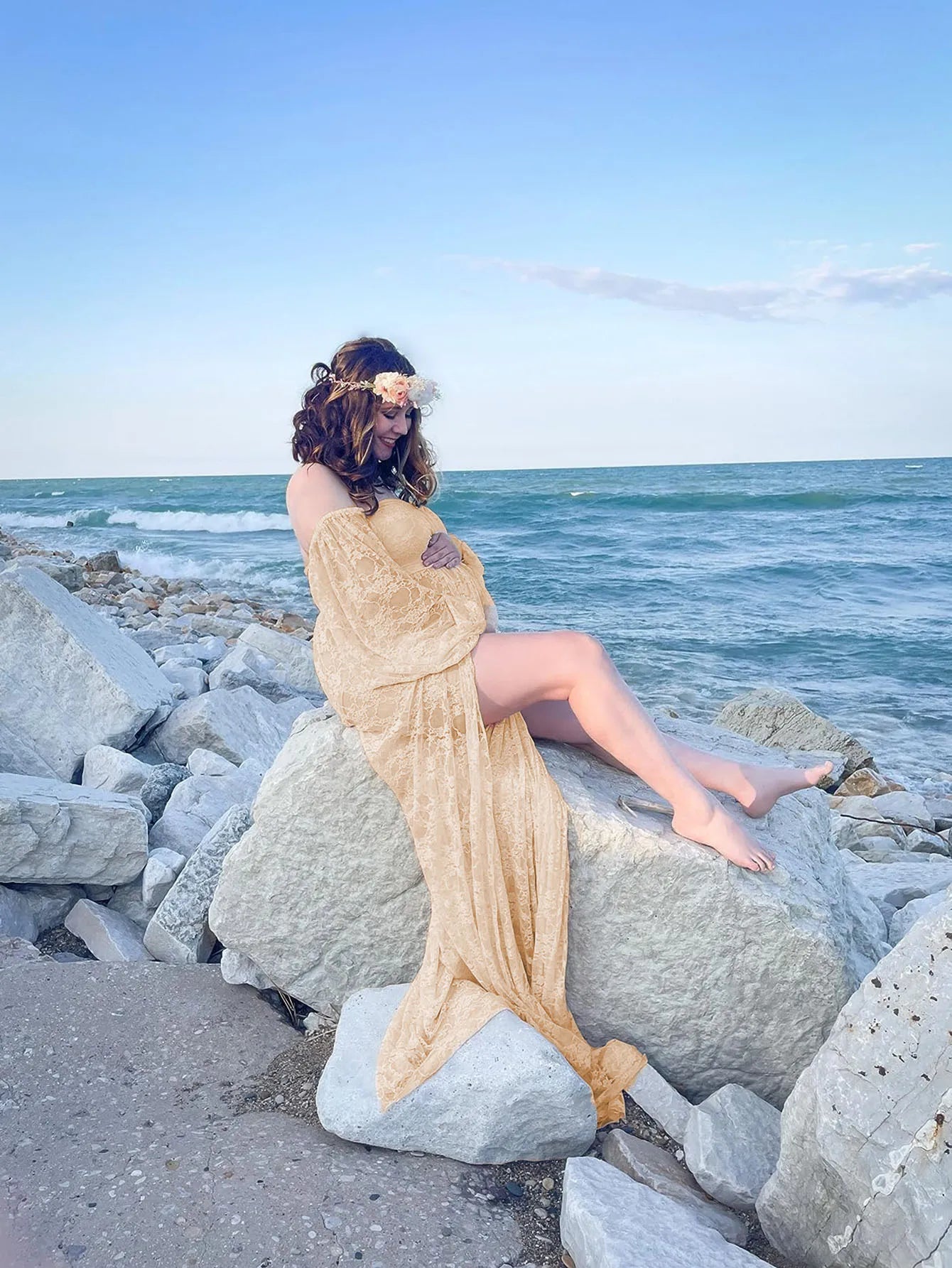 Maternity Dress Soft Stretchy Lace Off Shoulder Doubly Split A line Skirt Pregnancy Maxi Gown for Photoshoot