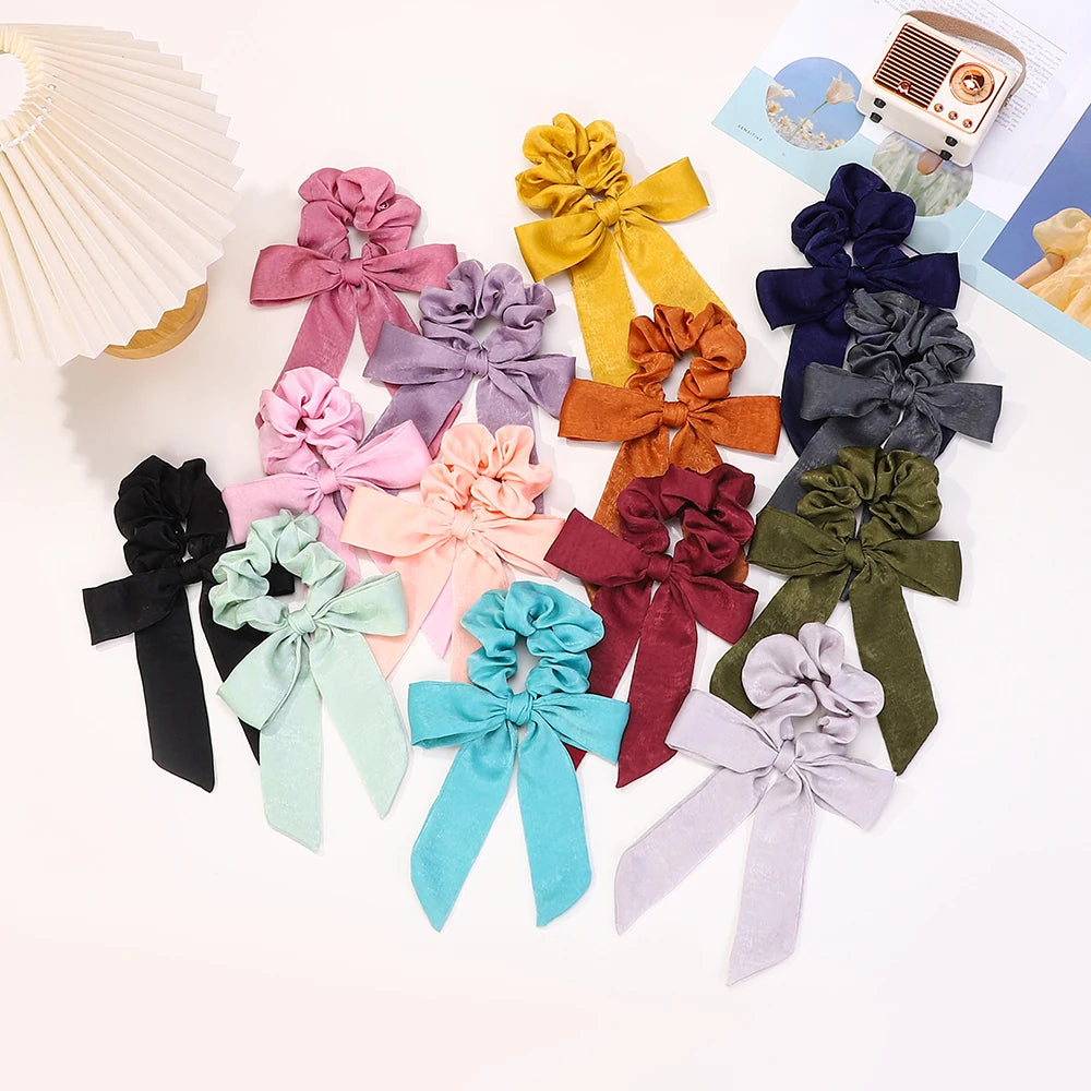 10Pcs Random Color Hair Band Elastic Bowknot Rubber Band Solid Color Headrope High Ponytail Leather Band