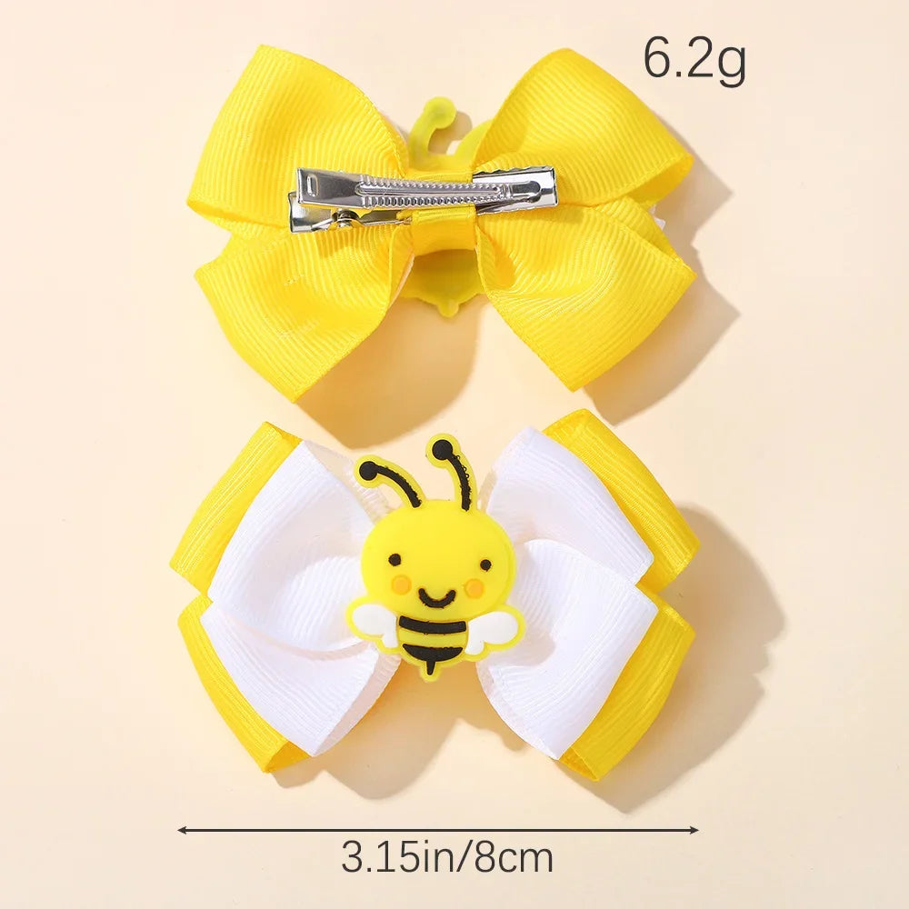 2Pcs Bee Themed Hair Bow Clips for Kids Girls Double Layer Solid Ribbon Bows Hairpins Unique Barrettes Hair Accessories Headwear
