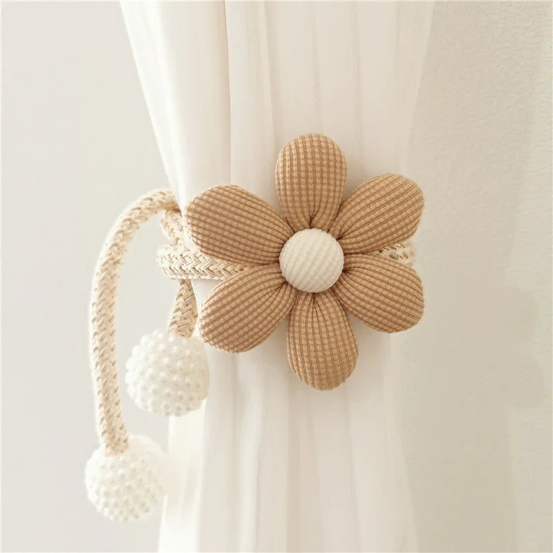2Pcs Nordic Ins Style Three-Dimensional Flower Pearl Buckle Curtain Tiebacks Children's Room Decoration Mosquito Net Tie Rope Binding Rope