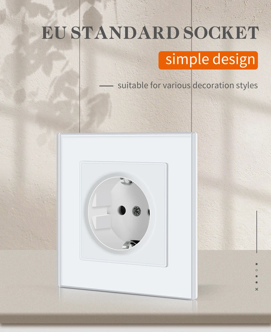 BSEED Single Power Outlet EU Wall Plugs Double Sockets USB Type-C Phone Charge Glass Panel 1Way Wall Touch Switch Kid Protection