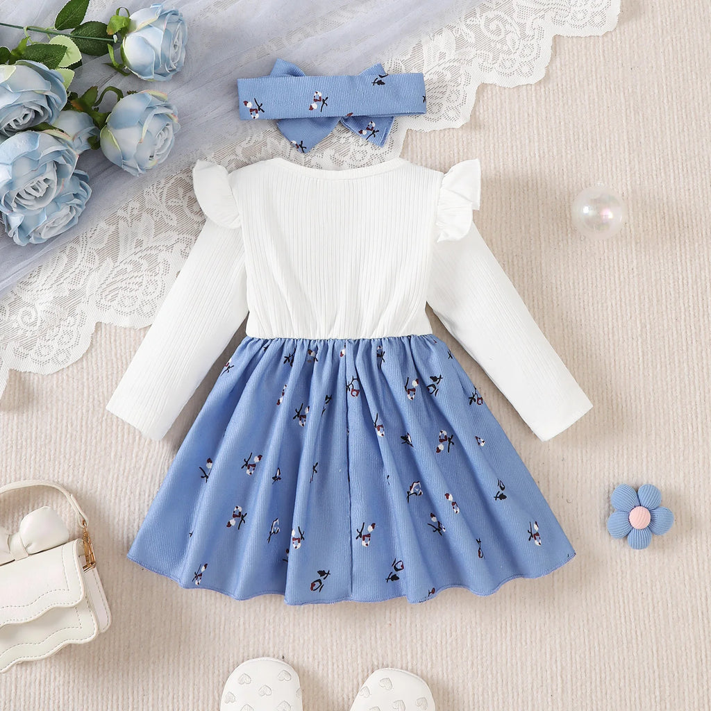 Baby Girl Spring and Autumn Dress Blue Crushed Goods Big Bow Long Sleeve Dress Suitable for Cute Baby Girls Aged 0-24 Months