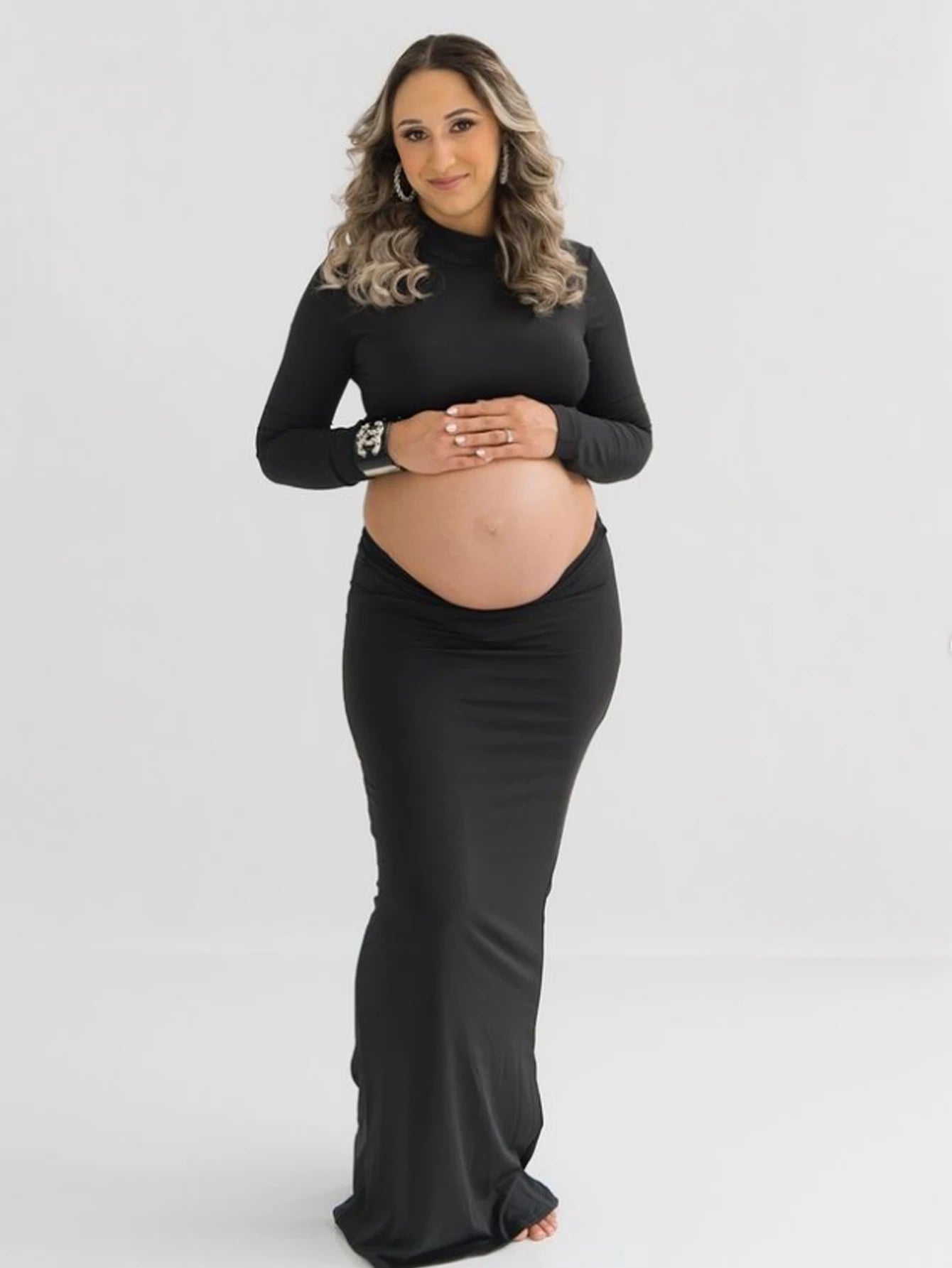 Maternity Mock Neck Long Sleeve Top Slim Maxi Skirt 2 Pcs Set Photoshoot Outfit  Wedding Party Pregnant Clothes