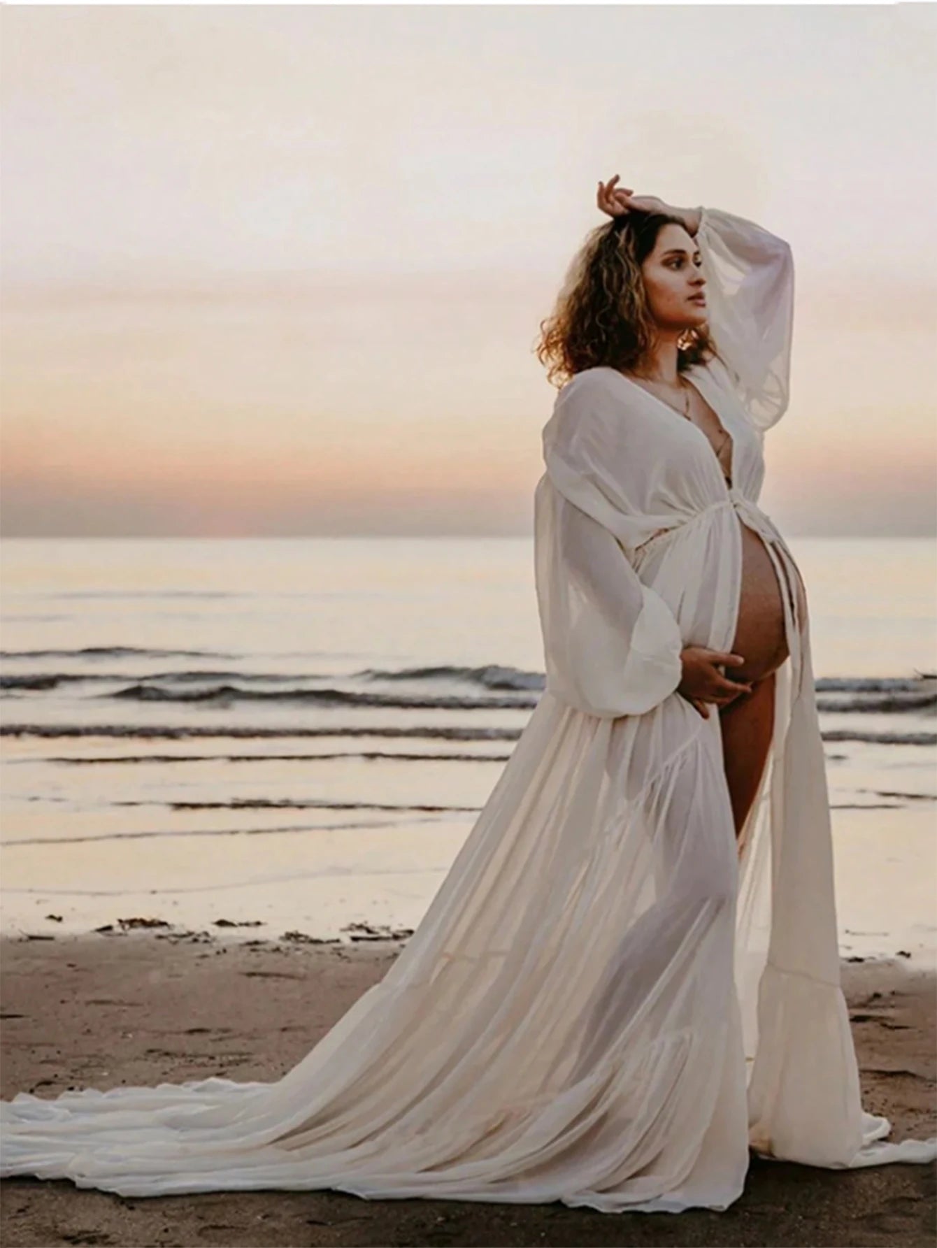 Maternity Chiffon V-neck Lantern Sleeves Slit Robe for Baby Shower Maxi Gown Photography Dress
