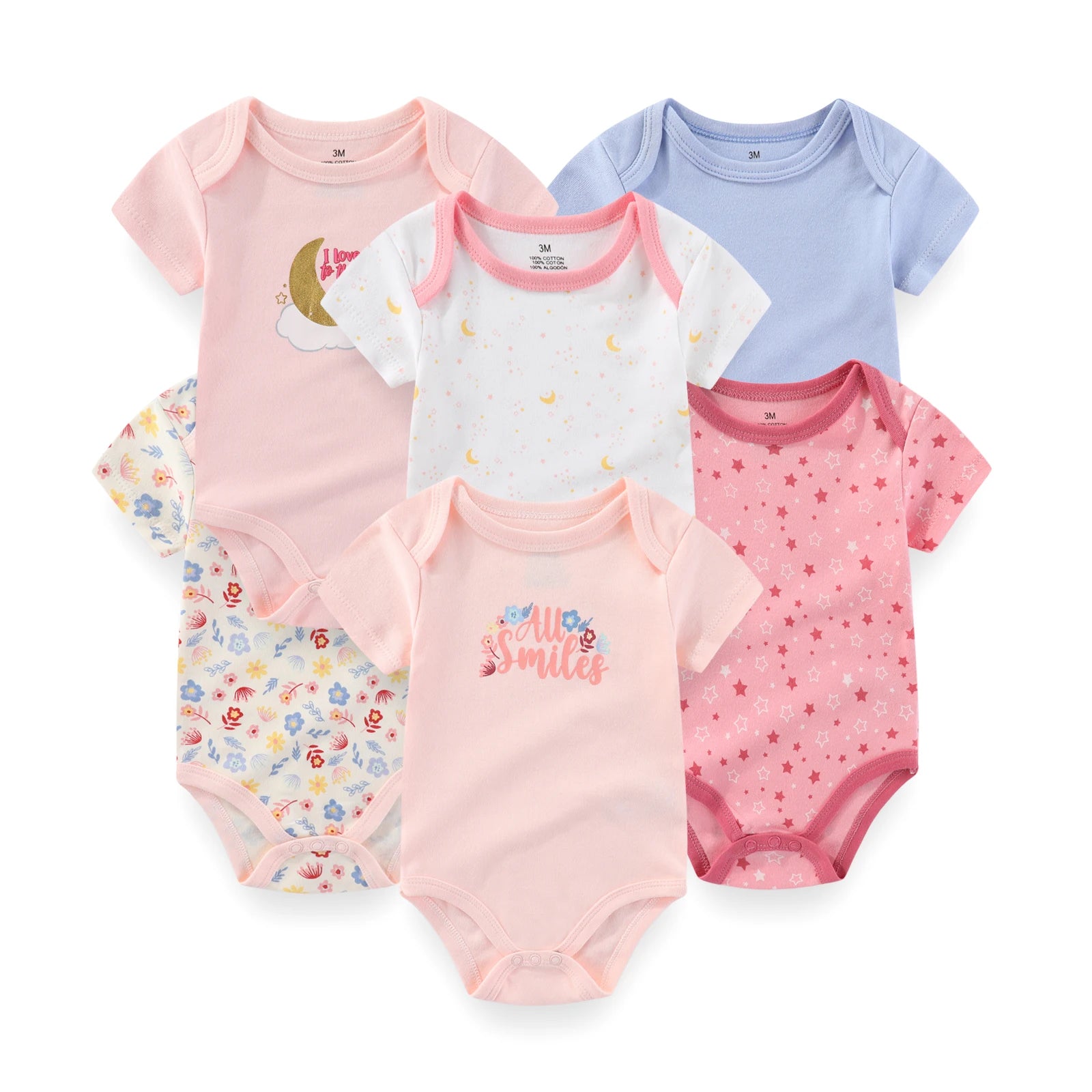 Kiddiezoom 6-Pack Cartoon Cute Baby Bodysuits Summer Short Sleeve Newborn Boy Girl Onesies 0-12 Months Infant Unisex Clothes