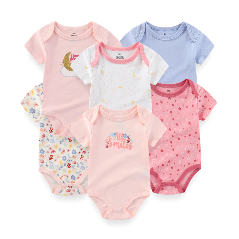Kiddiezoom 6-Pack Cartoon Cute Baby Bodysuits Summer Short Sleeve Newborn Boy Girl Onesies 0-12 Months Infant Unisex Clothes